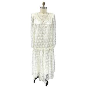 Vintage 80s Scott Mcclintock Ivory Lace Dress Wedding Sz 16W Dropped waist 20s
